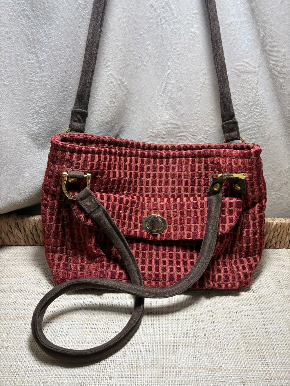 Burgundy Chenille Tapestry Shoulder Bag Textured Boho Y2K Carpet Purse Handbag